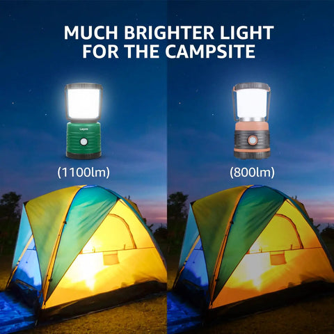 Comparison of two camping lanterns, one at 1100lm and the other at 800lm, illuminating tents at dusk.