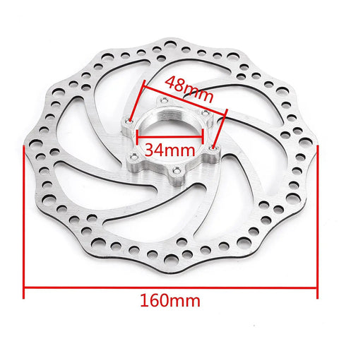 Beefed Up Front And Rear 160mm Disc Brake Kit For 80cc Gas Motorized Bicycle with 48mm 6 bolt rotor pattern, shown in measurement