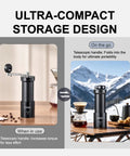 Portable Manual Coffee Grinder With Foldable Handle And External Adjustment For A Clean Grind Aluminum Body And Stainless Steel Burr
