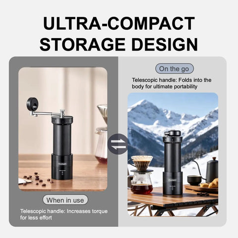 Portable Manual Coffee Grinder With Foldable Handle And External Adjustment For A Clean Grind Aluminum Body And Stainless Steel Burr