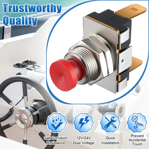 Marine Boat Horn Button Switch 12V 24V Dual Voltage SPST Momentary Red Push On Off Button With Screw Terminals 15A 10A