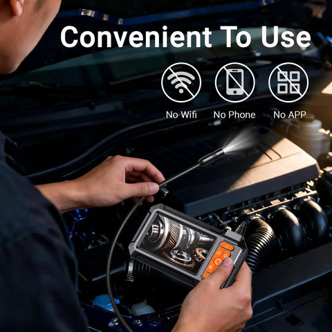 Rugged 1080P Endoscope Camera With 4.3 Inch LCD IP67 Waterproof Sewer Inspection 7.9mm Lens 8 LED Lights and 16.5ft Semi-Rigid Probe for Clear Real-Time Views in Tight Hard-To-Reach Spaces in engine bay