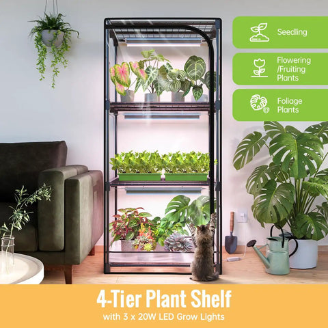 Indoor Greenhouse With Grow Light For Seed Starting, 4-Tier Plant Stand In A Zippered PVC Tent With Vent Window And Bottom Pouch, 20W Full Spectrum Light With Timer, Sturdy Metal Frame, 27L X 19W X 59H