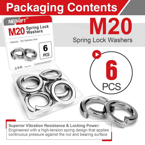 Six Piece M20 Stainless Steel Split Lock Washers Heavy Duty Hardware Fasteners Built Like Tanks To Lock Bolts And Nuts Down With Zero Wiggle Room On Construction Sites in packaging.