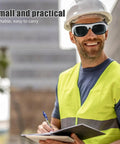 Killer Welding Safety Glasses With Dang Tough Scratch Proof Lens And Boss Level Spark Shield Featuring Slick Adjustable Fit And Comfortable Ear Hooks For Hard Working Crews In Ten Piece Bulk Pack worn by a man in a hard hat and construction vest.