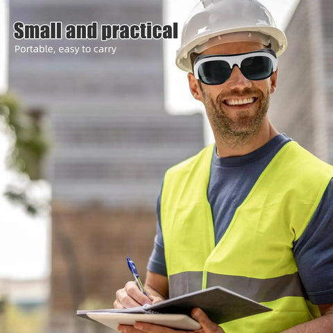 Killer Welding Safety Glasses With Dang Tough Scratch Proof Lens And Boss Level Spark Shield Featuring Slick Adjustable Fit And Comfortable Ear Hooks For Hard Working Crews In Ten Piece Bulk Pack worn by a man in a hard hat and construction vest.