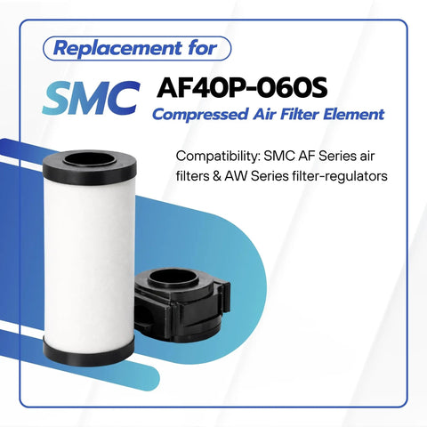 AF40P-060S Replacement Air Filter Element for AF40 Series, 5 Micron Nonwoven Filtration showing filter element and packaging.
