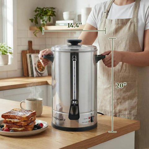 Person holding 100 Cup Commercial Coffee Urn And Hot Water Boiler With Dual Wall Insulation Keeps Coffee Hot For 24 Hours Dripless Faucet Stainless Steel Server For Offices Churches And Catering Gigs