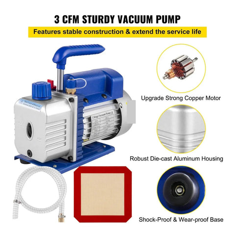 3CFM 1/4HP Vacuum Pump With Chamber For Household And Auto Air Conditioning Servicing, A Handy Refrigeration Vacuum Tool With 6L Chamber, Pro Grade, Durable, Easy To Use, Great For Maintenance And Repairs. Blue vacuum pump with hose and aluminum housing