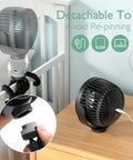 8000mAh Portable Stroller Fan With Ultra Long Battery Life, Detachable Four Speed, shown clipped to crib and on table