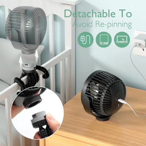 8000mAh Portable Stroller Fan With Ultra Long Battery Life, Detachable Four Speed, shown clipped to crib and on table