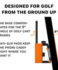Hands Free Golf Phone Caddy With Adjustable Strap Secure Cart Phone Holder For Yardage GPS Scorekeeping And Golf Apps On The Go Universal Fit One Size Black, showing 9-degree angle compensation and anti-slip pads.