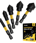Five Piece Countersink Drill Bit Set With 82 Degree Five Flute Design Nitride Coated High Speed Steel Pro Grade Build To Last One Quarter Inch Hex Shank For Wood Metal Plastic Sizes One Quarter Inch Through Three Quarters Inch