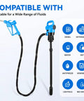 Heavy Duty Electric Drum Pump For 55 Gallon Drums with blue nozzle, flexible hose for various fluids like diesel and DEF.