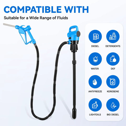 Heavy Duty Electric Drum Pump For 55 Gallon Drums with blue nozzle, flexible hose for various fluids like diesel and DEF.