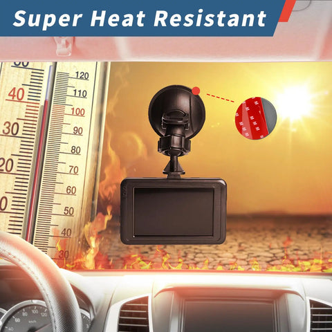 Six Pack Dash Cam Adhesive Pads Set for Car, showing heat resistant pad holding dash cam in a hot car environment