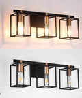 Industrial Style 3 Light Vanity Light Fixture In Black And Antique Brass With Metal Cage Frame dual on-off view