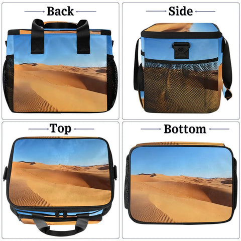 Insulated Picnic Backpack Lunch Box For Everyday Carry Big 12x9 Inch Tote, desert landscape design, shown from multiple angles