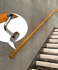 Solid Wood Handrail Kit For Stairs With Non Slip Finish And Heavy Duty Metal Brackets mounted on a stairway.