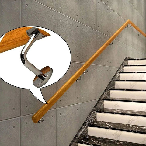 10 Foot Wooden Handrail Complete Kit Featuring Hardcore No Slip Grip And Dead Simple Stainless Brackets For Interior Stairs And Lofts, showing stainless bracket and wooden rail.
