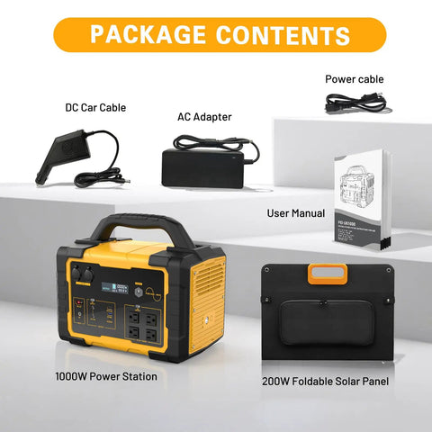 Top Shelf Solar Generator Bundle 200 Watt Panel Hooked Up To 1000 Watt Power Station including AC adapter, DC cable, and user manual.