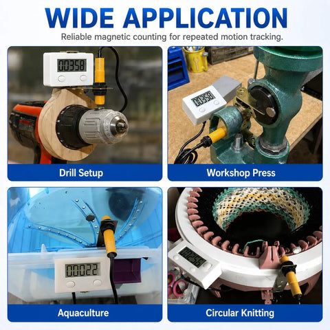 Super Smooth 5 Digit Digital Row Counter Counting Up To 99999 With Hella Snappy Auto Proximity Sensor And Heavy Duty Magnetic Grip For Effortless Knitting And Crochet Row Tracking in drill, press, aquaculture, and circular knitting setups.