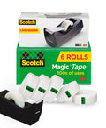 Package and dispenser of Six Rolls Of Ultra Clear Invisible Tape With Desktop Dispenser For Office Wrapping And Repairs Three Quarter Inch By One Thousand Inch Strong Adhesive Easy Tear No Fuss Desk Must Have