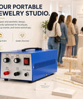 Jewelry Spot Welder With Pulse Sparkle Technology Pro Grade Portable Soldering Machine on table with jewelry display