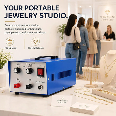 Jewelry Spot Welder With Pulse Sparkle Technology Pro Grade Portable Soldering Machine on table with jewelry display