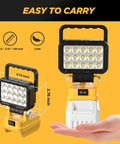 Hand holding 6000 Lumen 40W LED Work Light Cordless Jobsite Flood Light With Dual USB A Charging Ports Built For 20V Max Batteries, size 4.13 x 2.76 inches