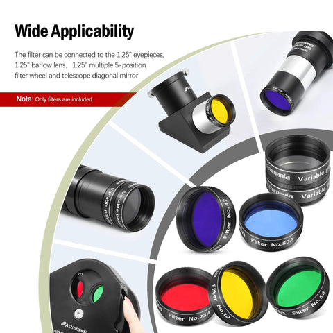 Six-Piece 1.25-Inch Telescope Eyepiece Filter Set Pro-Grade with color and polarizing filters displayed on white background