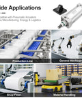 Collage showing Heavy Duty Foot Flange Mount Bracket For 63mm SC Series Pneumatic Cylinders in industrial applications