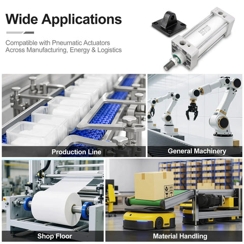 Collage showing Heavy Duty Foot Flange Mount Bracket For 63mm SC Series Pneumatic Cylinders in industrial applications