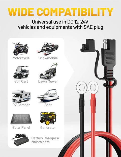 1.25Ft SAE To O Ring Terminal Harness And Battery Charger Cord with 10A 15A 20A Fuses UL Certified shown with compatible vehicles