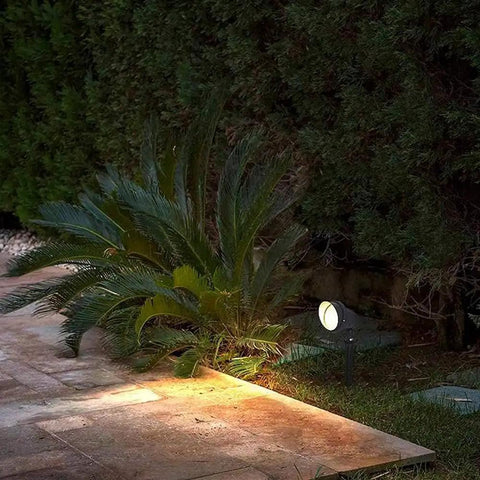 View of Six Pack RGBW Outdoor LED Spotlights illuminating garden with remote control for color changing 120V US Plug 16 Colors 4 Modes