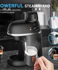 3.5 Bar Espresso And Cappuccino Machine With Steam Wand For Quick Lattes At Home, Compact Coffee Maker in use with milk frothing