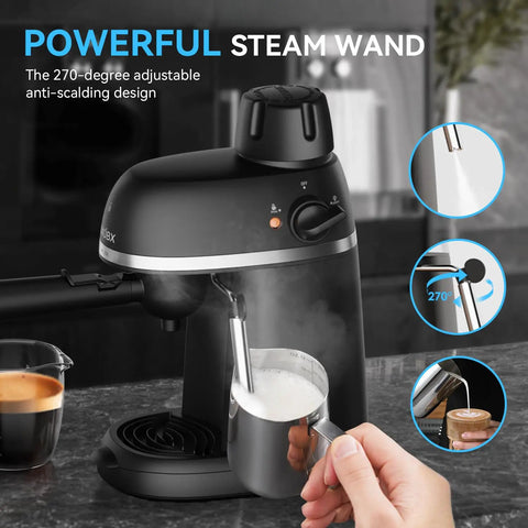 3.5 Bar Espresso And Cappuccino Machine With Steam Wand For Quick Lattes At Home, Compact Coffee Maker in use with milk frothing