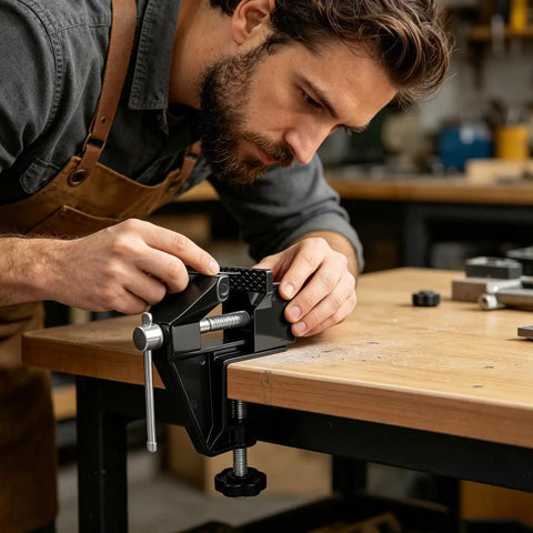 Cool Mini Table Vise With Adjustable Clamp Jaw For Secure Carving Woodworking And Detail Assembly Projects At Home Or Work, close-up on a workbench.
