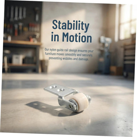White Nylon Sliding Door Guide Wheels With Brake For Furniture Cabinet Tracks Heavy Duty Drawer Roller Casters on metal surface.