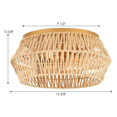 Natural Rattan Flush Mount Ceiling Light Fixture In Antique Brass Brush Finish With Two Lights Farmhouse Chandelier showcase