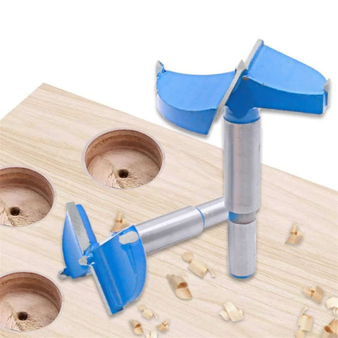 Self-centering hole saw cutter with blue guard on silver shaft for 18 mm wood drilling