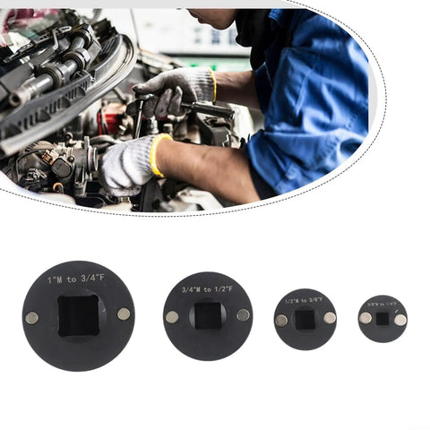 Kickstart Your Auto Repair Gig With This Slick 4-Piece Low Profile Socket Adapter Set, Heat Treated Steel Drive Reducing Kit For Impact Drivers In Tight Spots From 1/4 To 1/2 Inch Perfect For Confined Engine Bays. mechanic using 4-piece low profile steel socket adapters in an engine bay