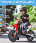 Child riding 12V Kids Ride On Motorcycle With Dual 25W Motors Safe One To Three MPH Speed Safety Training Wheels Self Control Throttle Bluetooth Music And More Spring Suspension Ideal Gift For Little Riders on a path.