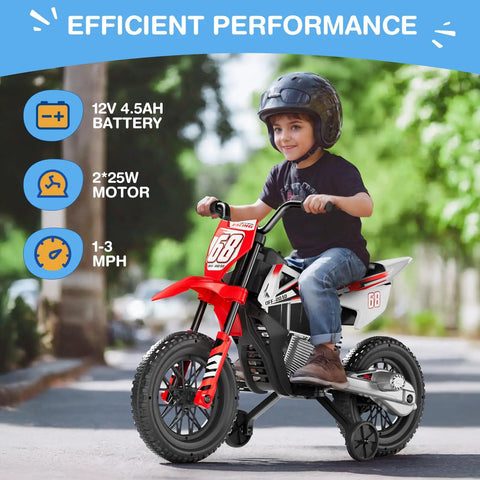 Child riding 12V Kids Ride On Motorcycle With Dual 25W Motors Safe One To Three MPH Speed Safety Training Wheels Self Control Throttle Bluetooth Music And More Spring Suspension Ideal Gift For Little Riders on a path.