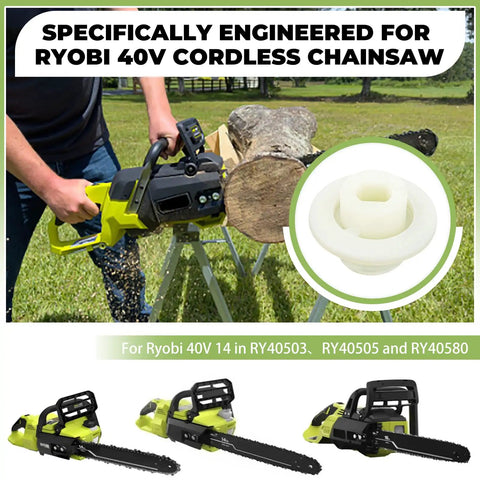 Oil Pump Worm Gear Replacement Kit for 40V 14 Inch Cordless Chainsaw Models RY40503 and RY40505 shown with chainsaw cutting log