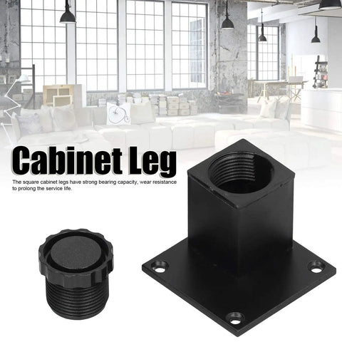 Close up of adjustable height aluminum furniture leg with square 60mm base, black finish. Adjustable Height Aluminum Furniture Legs Set Of 4 For Sofa, Cabinet And Bed Frames, Square 60mm Base Black Finish, Heavy Duty Leveling Supports To Eliminate Wobble shown.