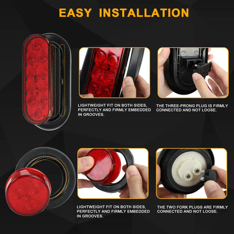 Two Piece Welded Steel Trailer Light Kit With 6 Inch Oval Red Tail Lights Featuring 10 LEDs and 2 Inch Red Round Side Marker Lights With 4 LEDs, easy installation display with grommets and connectors