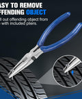 Pliers from 35 Piece Heavy Duty Universal Emergency Tire Repair Kit used to remove an object from a tire.