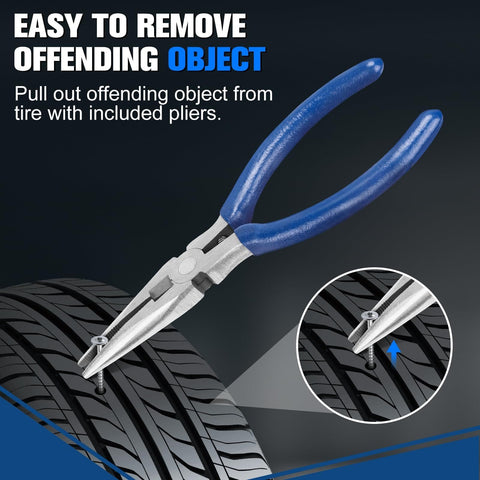 Pliers from 35 Piece Heavy Duty Universal Emergency Tire Repair Kit used to remove an object from a tire.
