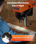 8 Inch Benchtop Drill Press With Five Speed Settings 750 1140 1740 2340 3200 RPM, 0-45 Degree Tilting Table, LED Work Light